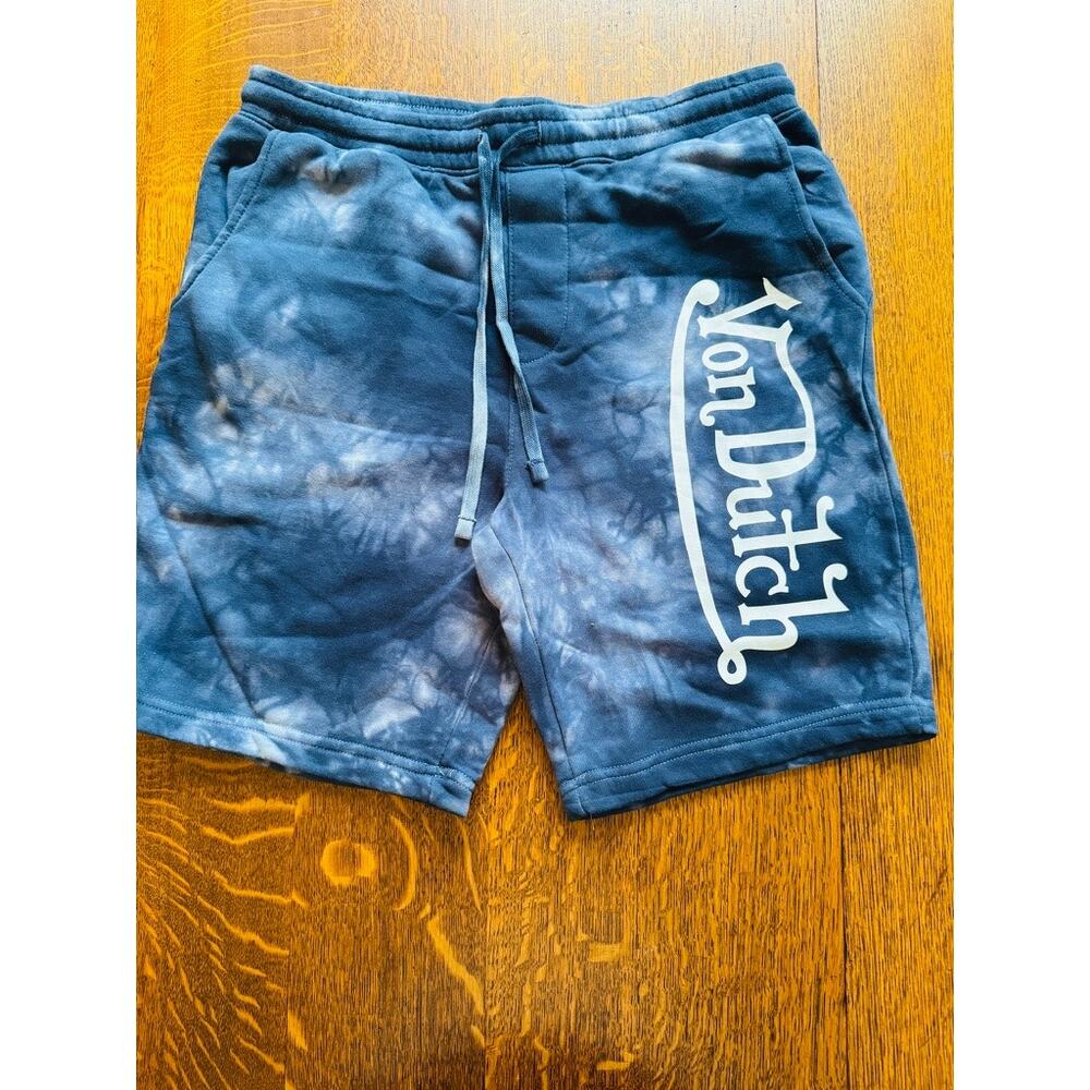 VON DUTCH White Logo Sweat Shorts LARGE in Blue Tie Dye